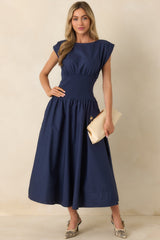 All My Devotion Navy Blue Cotton Boatneck Midi Dress