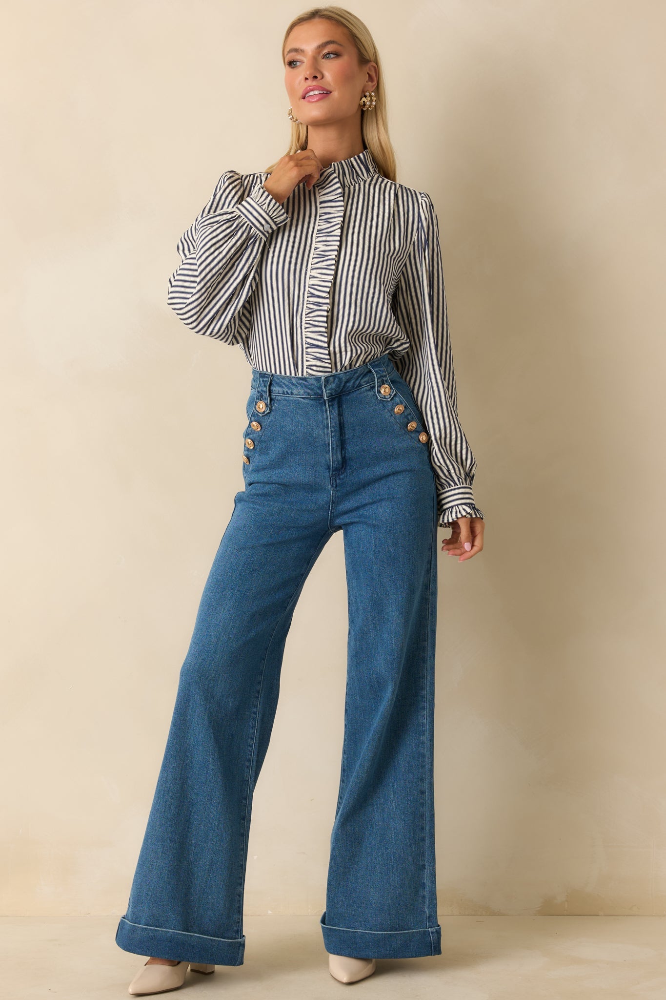 Neatly Noted Navy Blue Striped Seersucker Ruffle Blouse