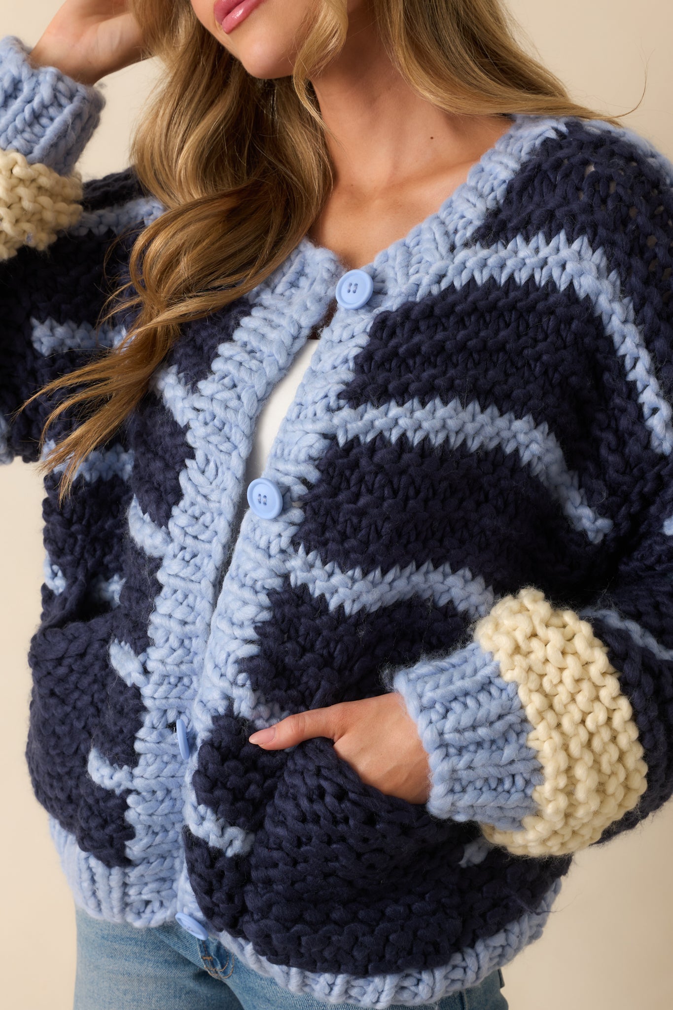 Just So You Know Navy Stripe Chunky Knit Button Front Cardigan