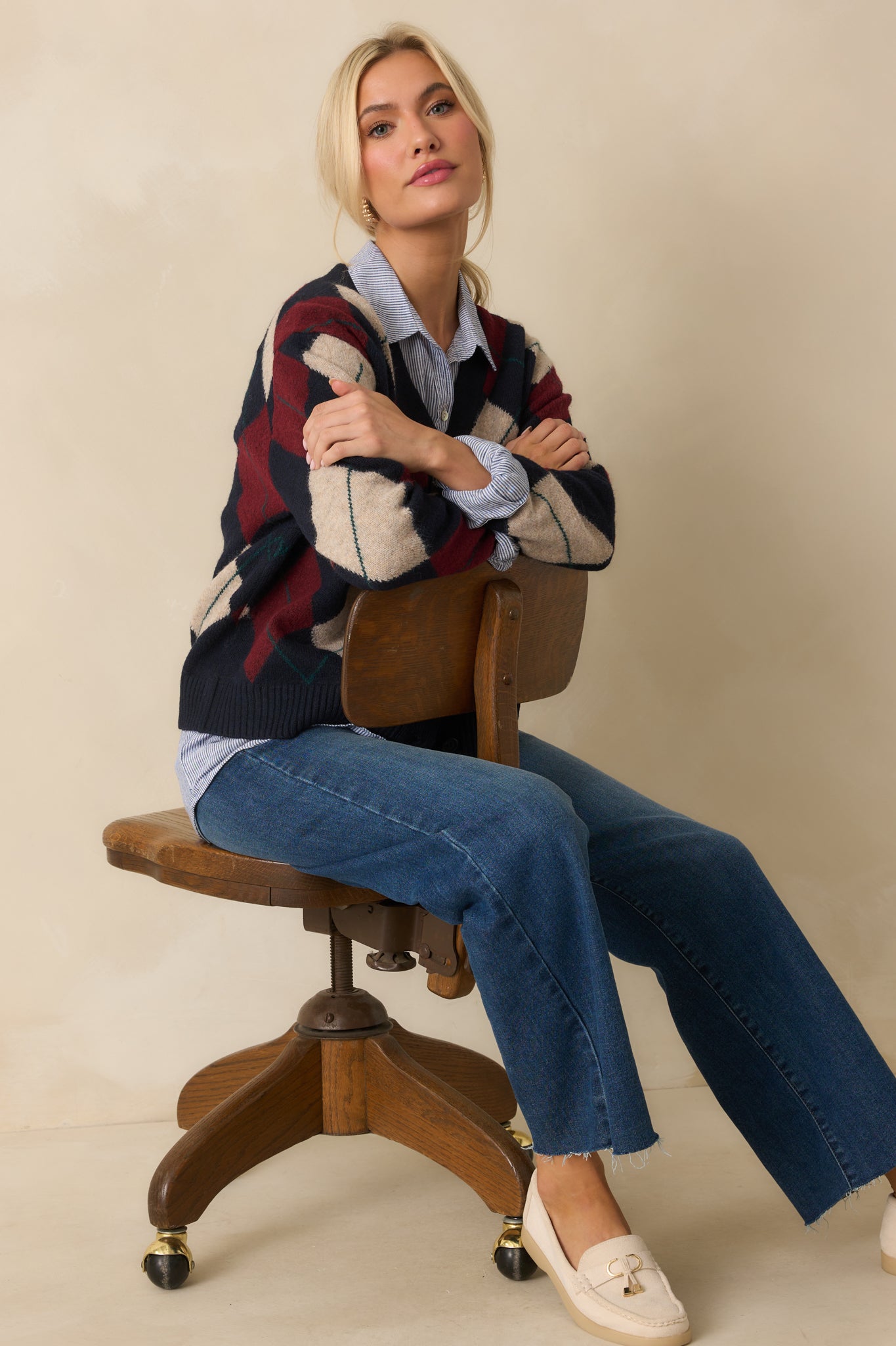 Never Beyond Reach Navy Argyle Button Up Cardigan