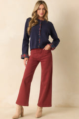 About Time For Change Navy Knit Plaid Trim Button Front Cardigan