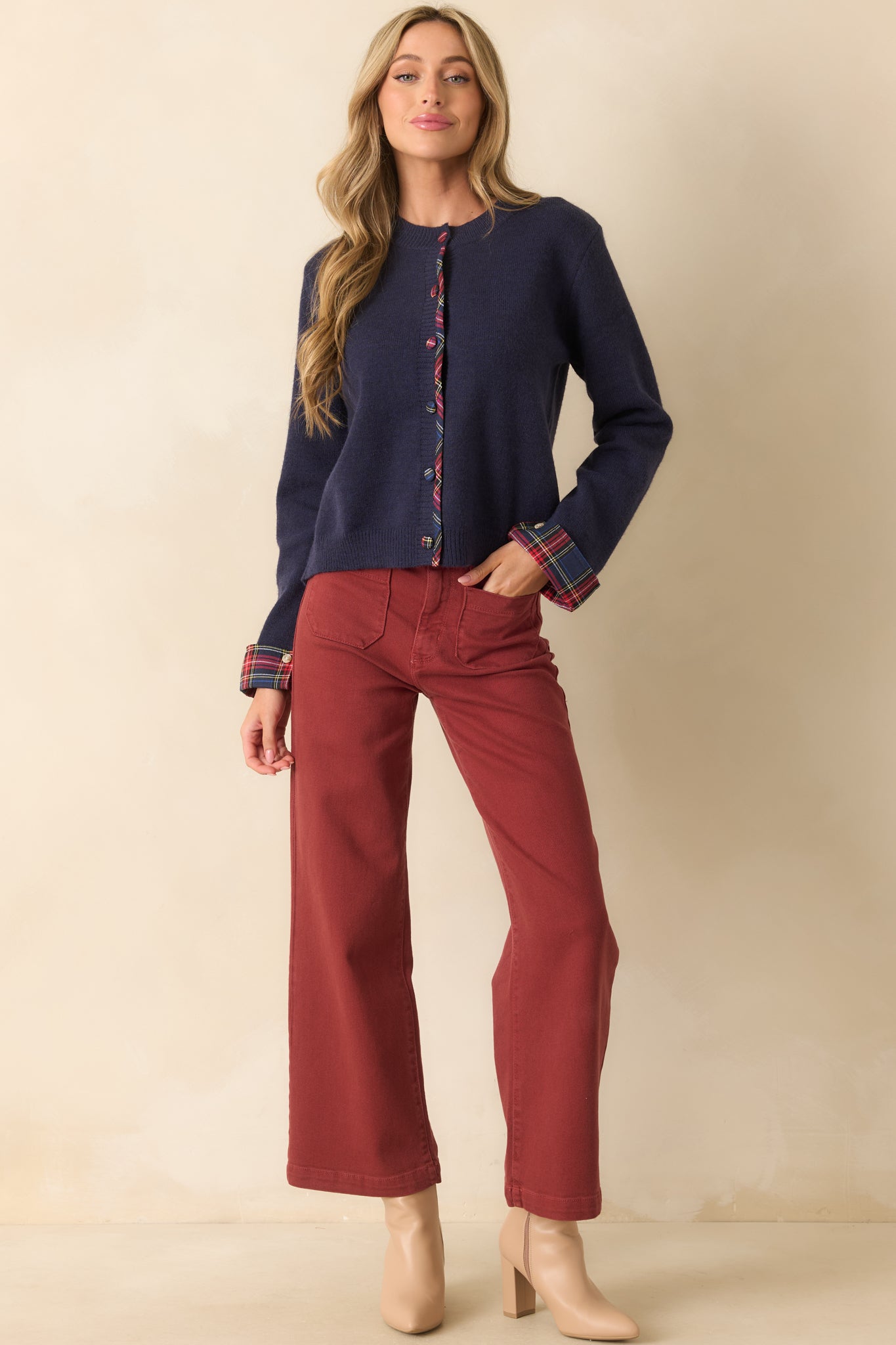 About Time For Change Navy Knit Plaid Trim Button Front Cardigan