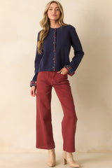 About Time For Change Navy Knit Plaid Trim Button Front Cardigan