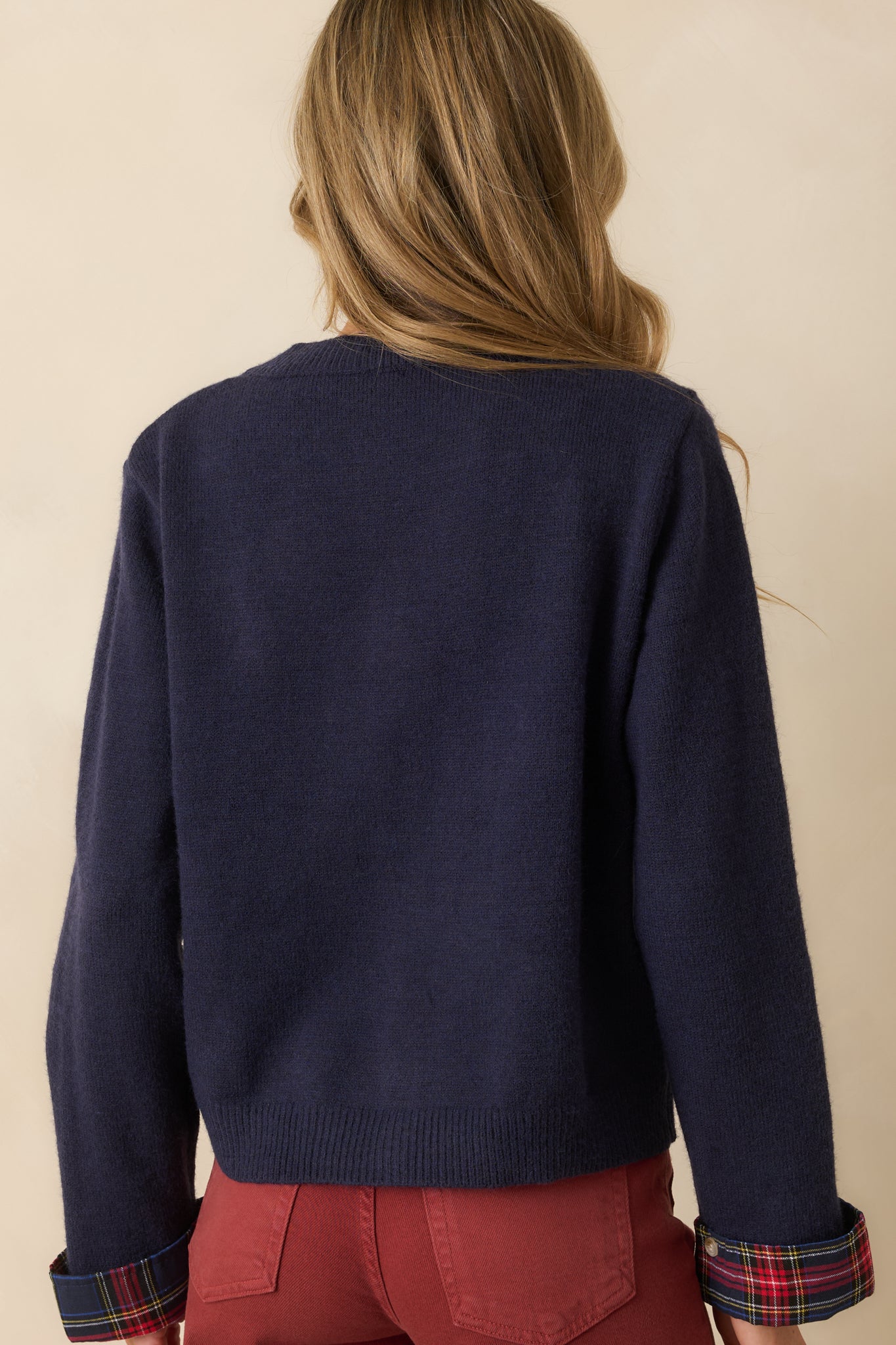About Time For Change Navy Knit Plaid Trim Button Front Cardigan