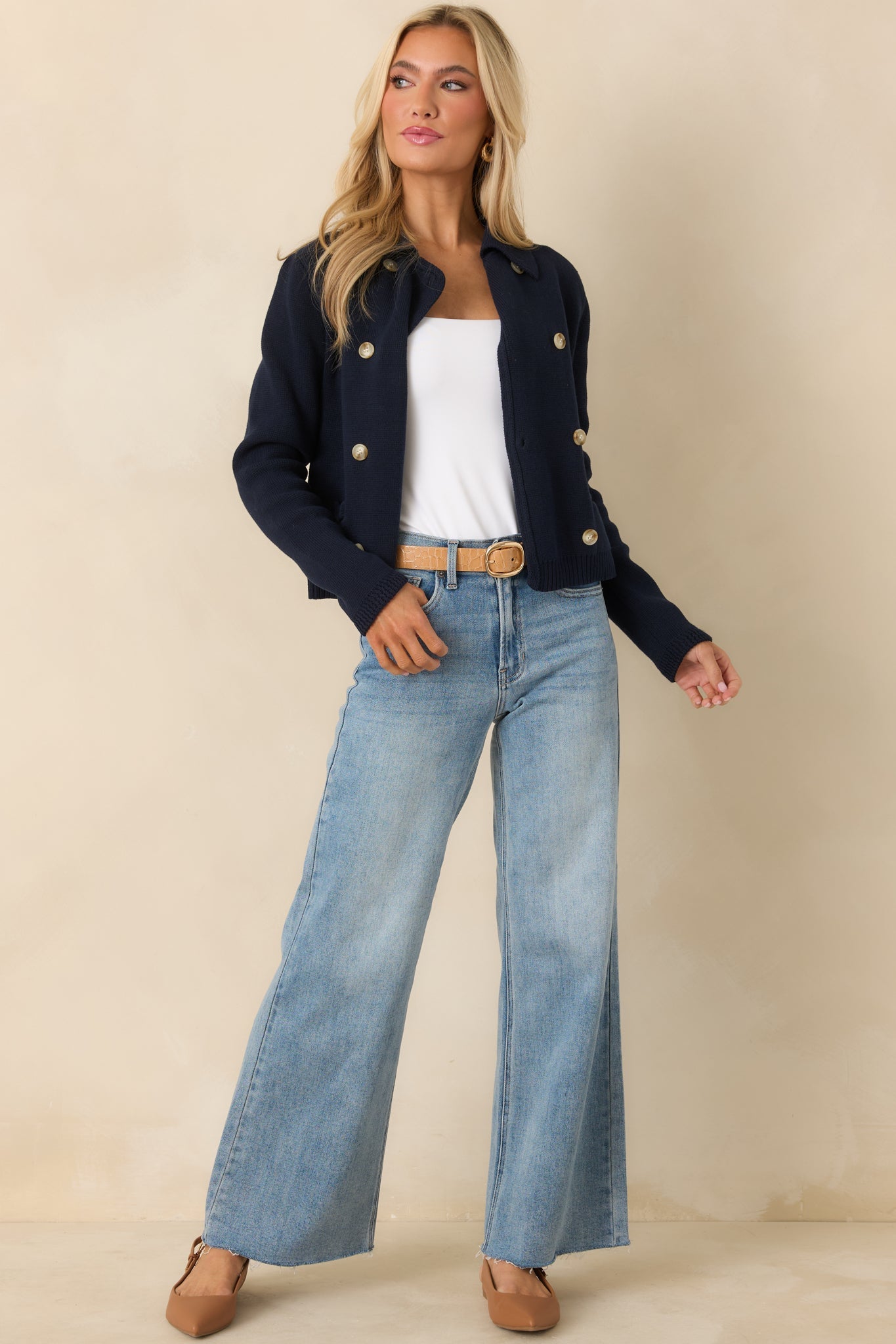 Well Kept Secrets Navy Knit Cotton Double Breasted Cardigan