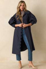 All In Good Fun Navy Scallop Trim Puff Sleeve Button Front Coat