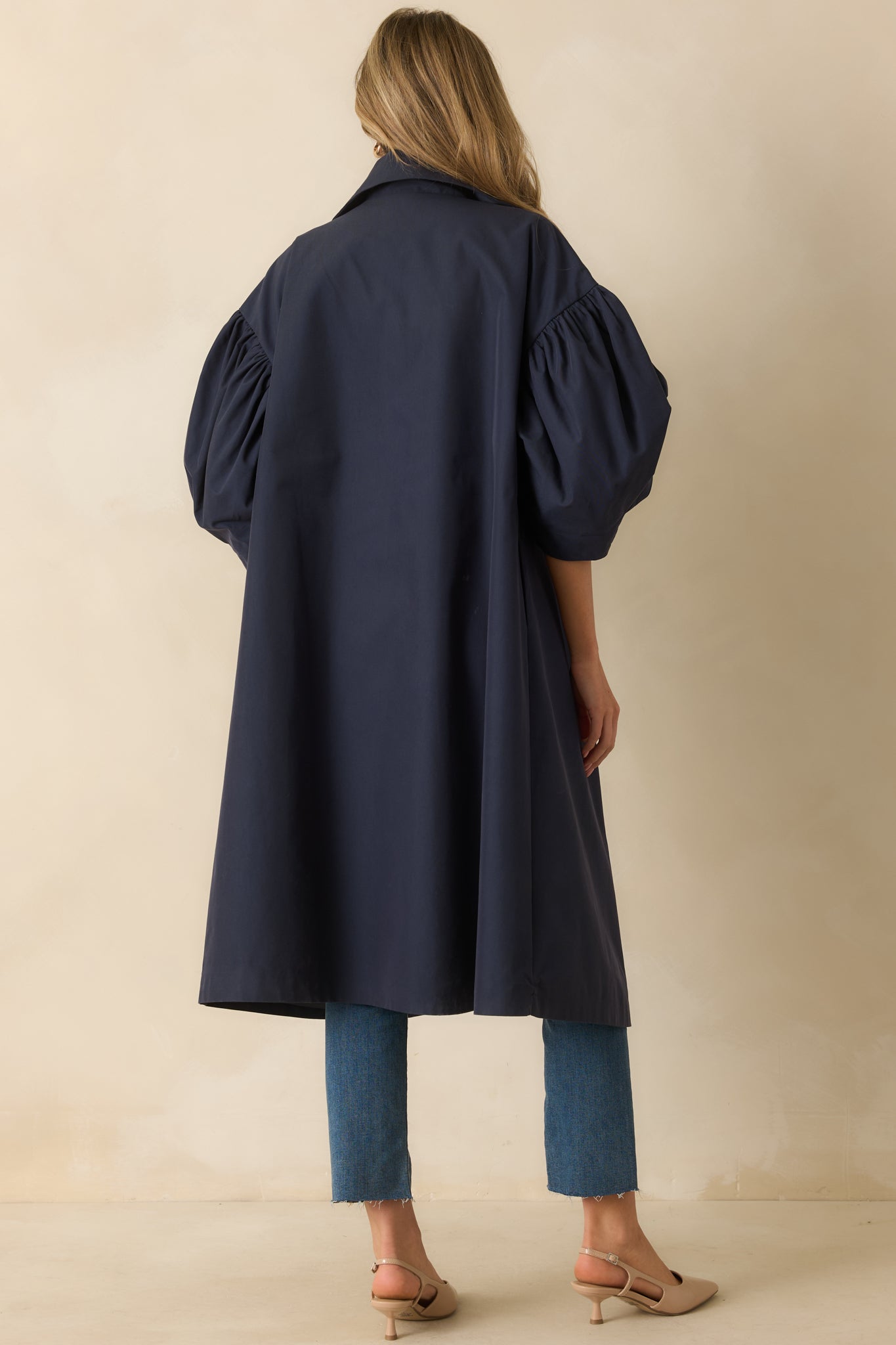 All In Good Fun Navy Scallop Trim Puff Sleeve Button Front Coat