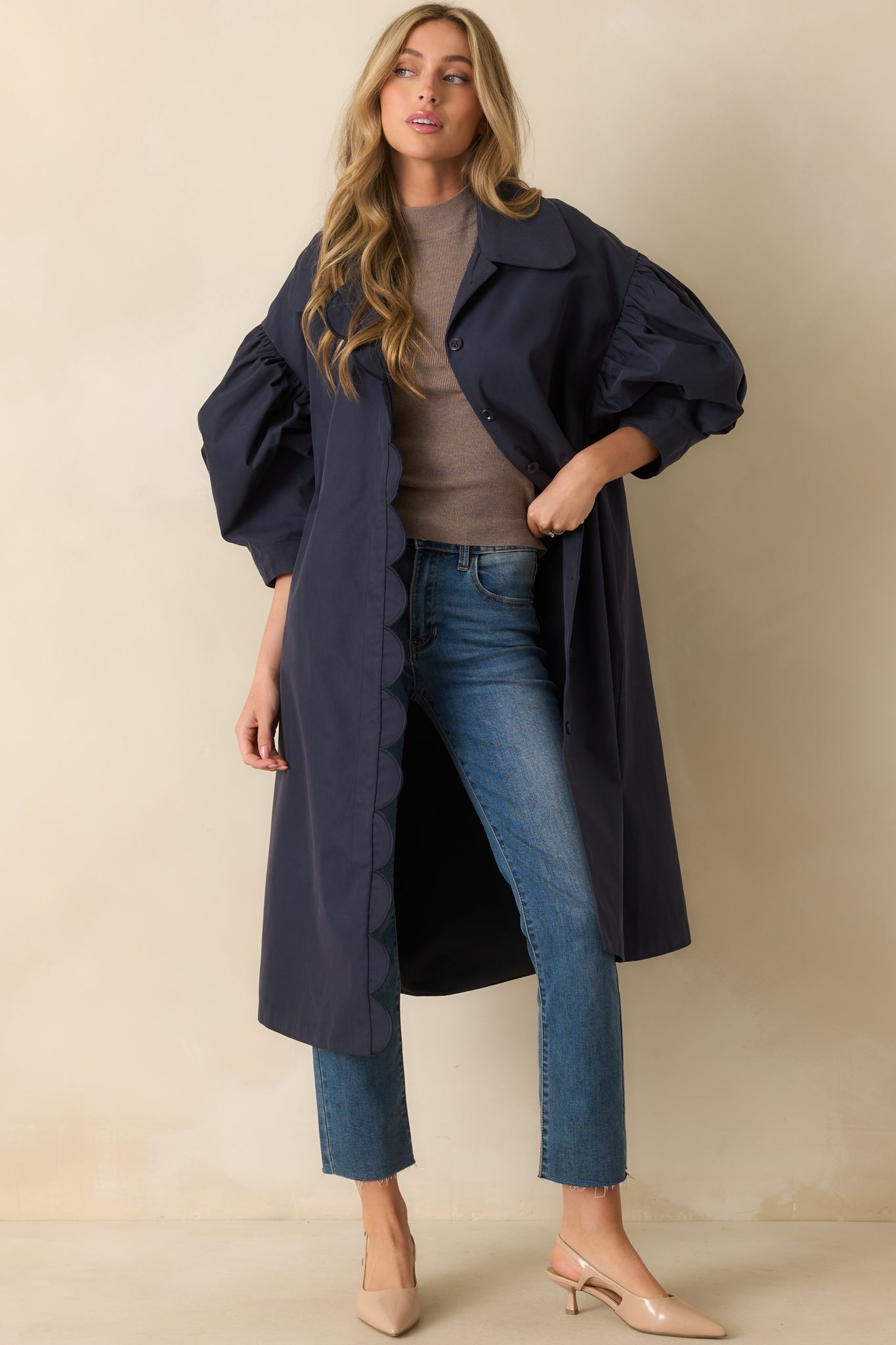 All In Good Fun Navy Scallop Trim Puff Sleeve Button Front Coat