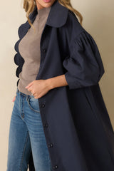 All In Good Fun Navy Scallop Trim Puff Sleeve Button Front Coat