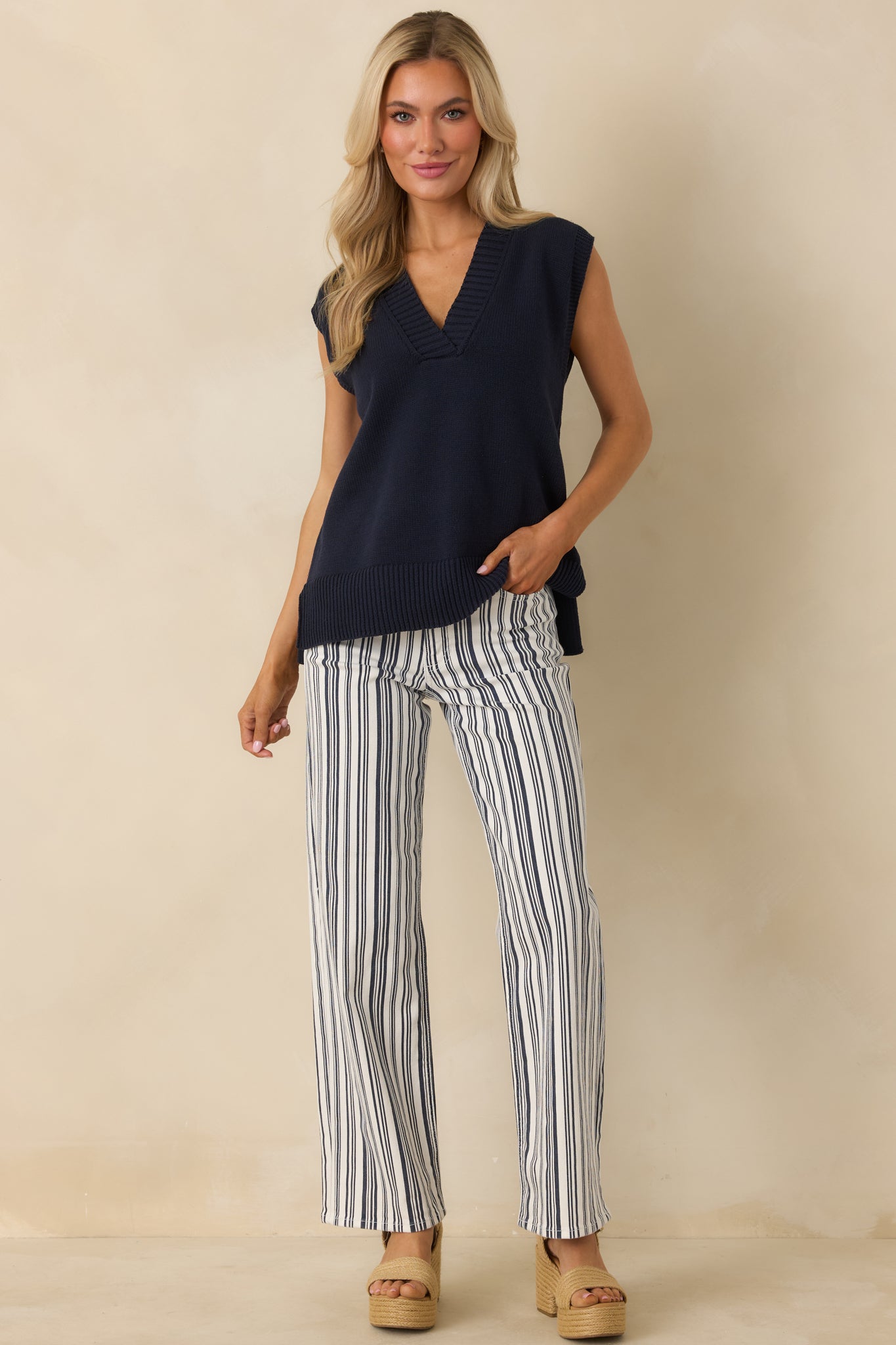 Boardwalk Bound Navy Stripe Cotton Wide Leg Pants