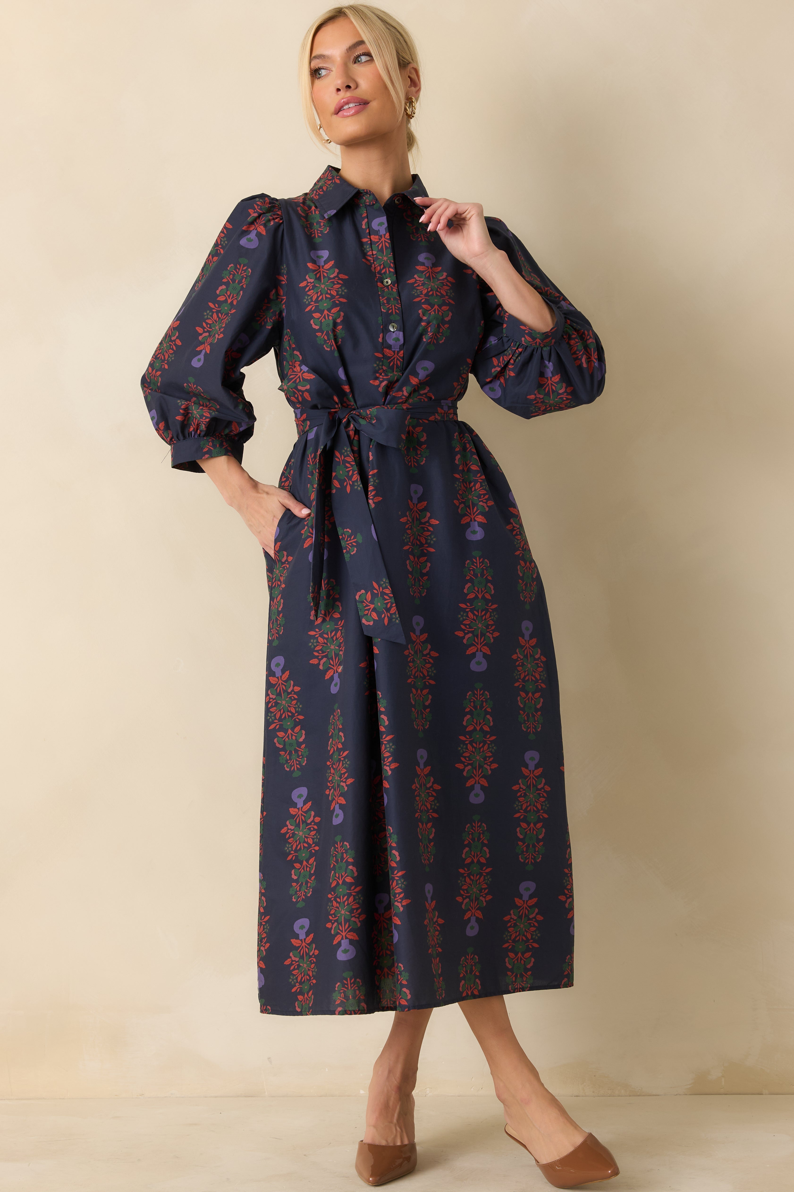 Midnight Bloom Navy Multi Floral Print Cotton Button Up Maxi Dress