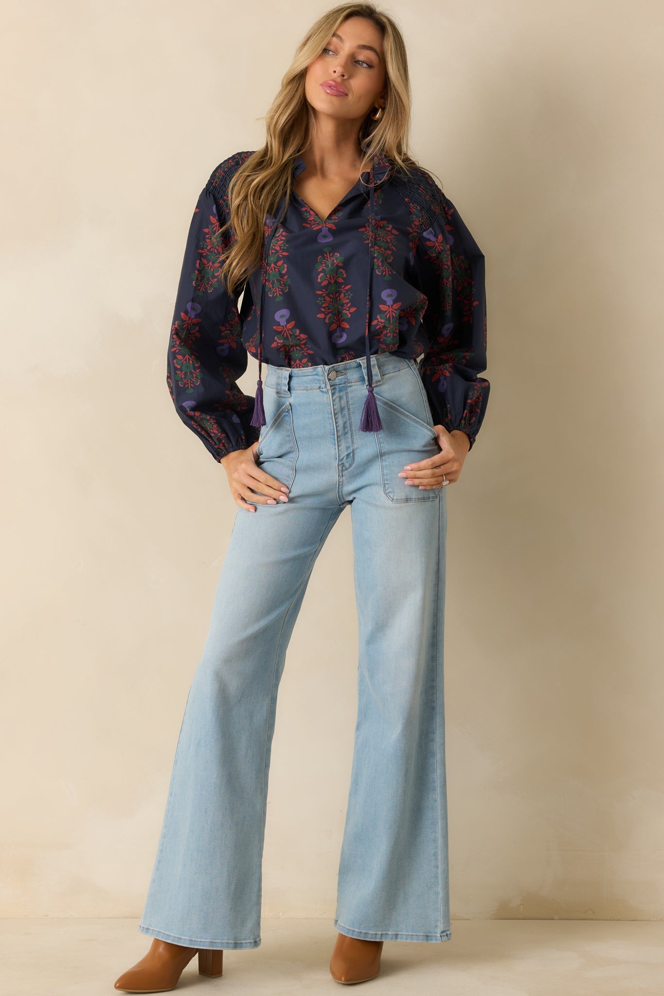 Starlit Garden Navy Multi Floral Print Cotton Peasant Top