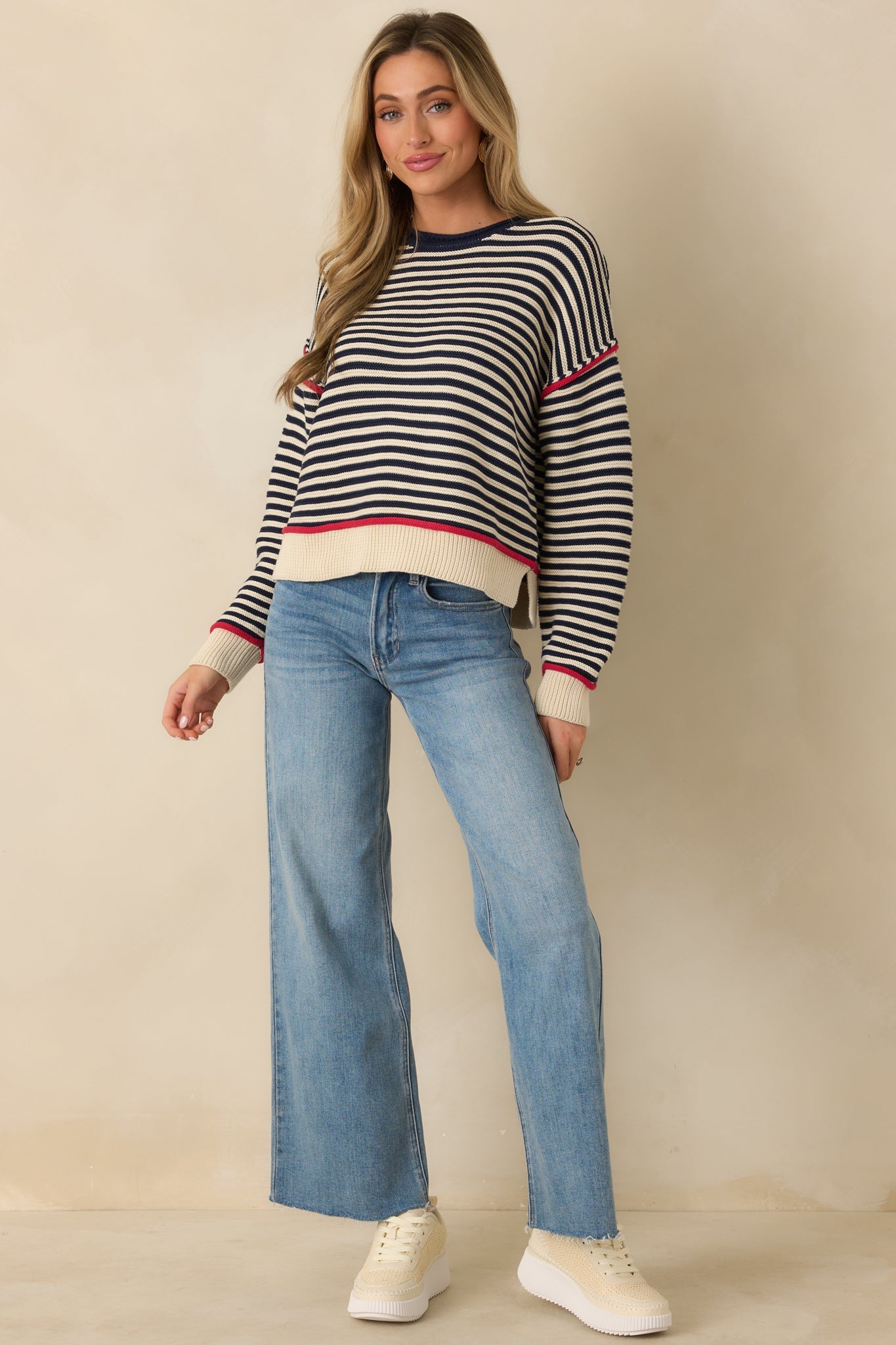 Sail With Me Navy Stripe Cotton Blend Crewneck Sweater