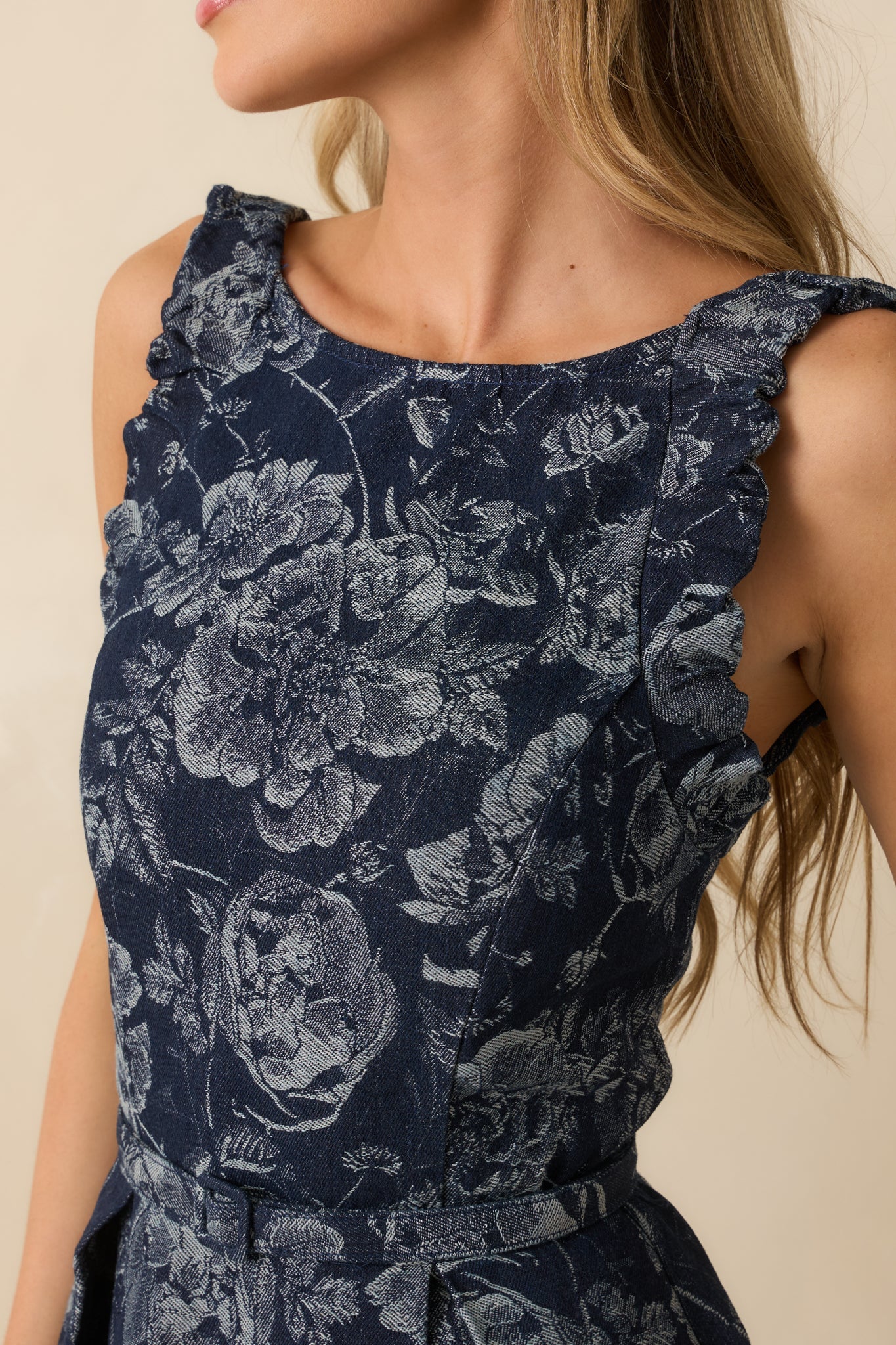 Here's The Thing Navy Floral Denim Jacquard Sleeveless Maxi Dress