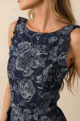 Here's The Thing Navy Floral Denim Jacquard Sleeveless Maxi Dress