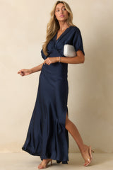 All The Right Reasons Navy Satin Lace Trim Maxi Dress