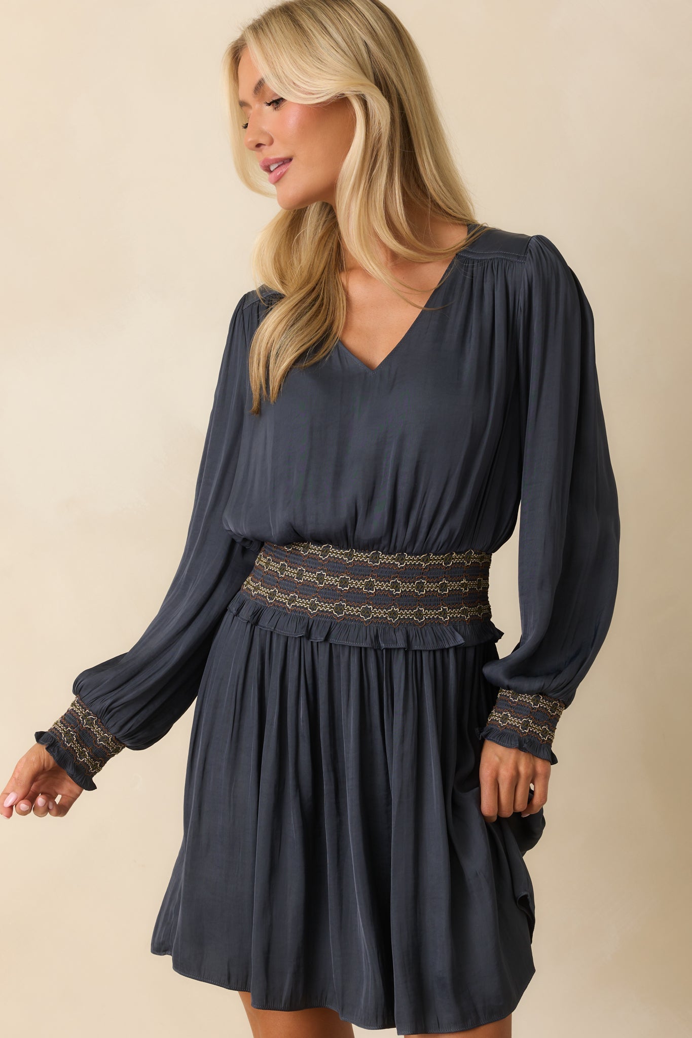 On Better Terms Navy Satin Long Sleeve Smocked Waist Mini Dress