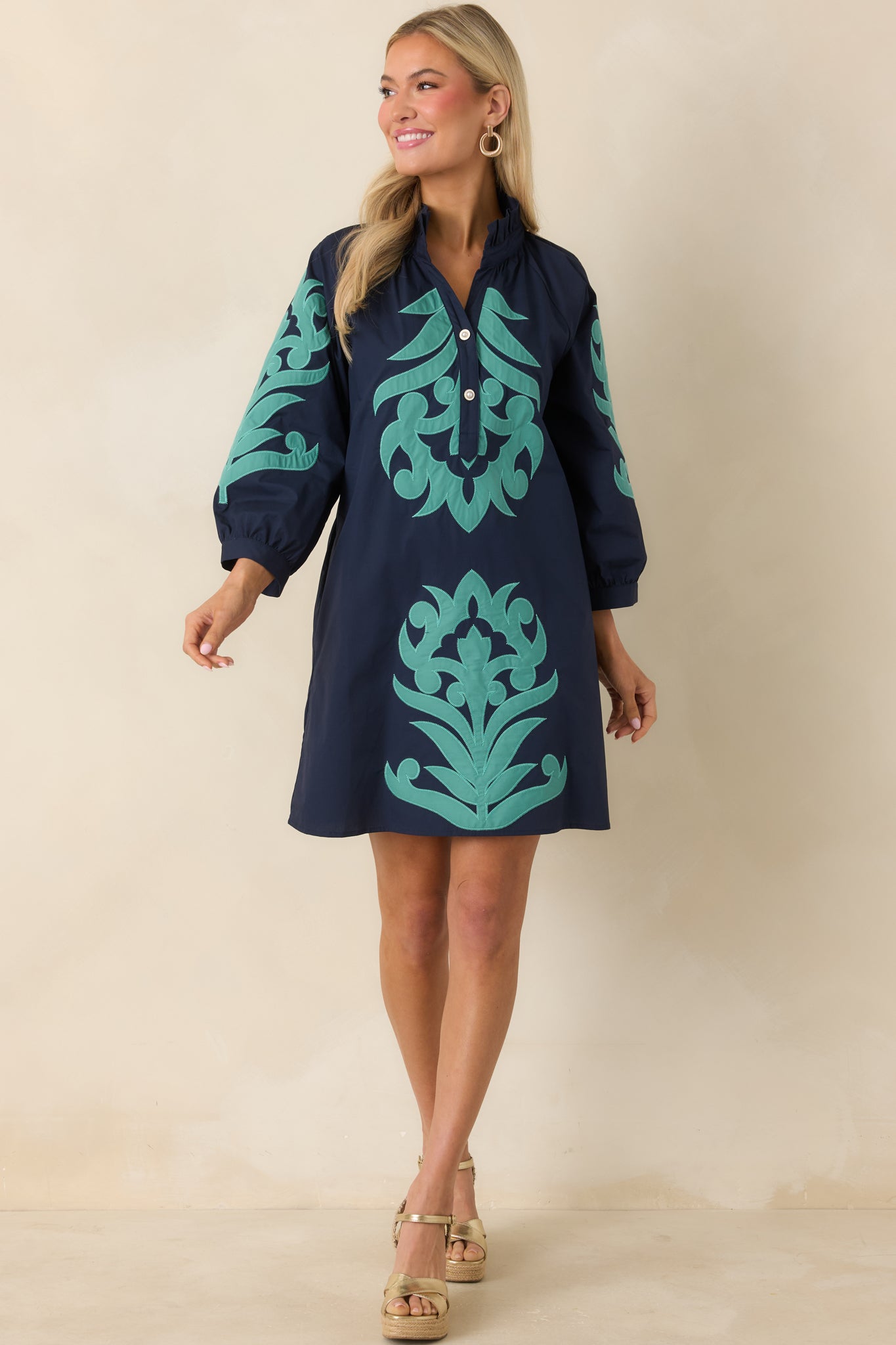 Bold Impressions Navy & Aqua Contrast Detail Tunic Mini Dress