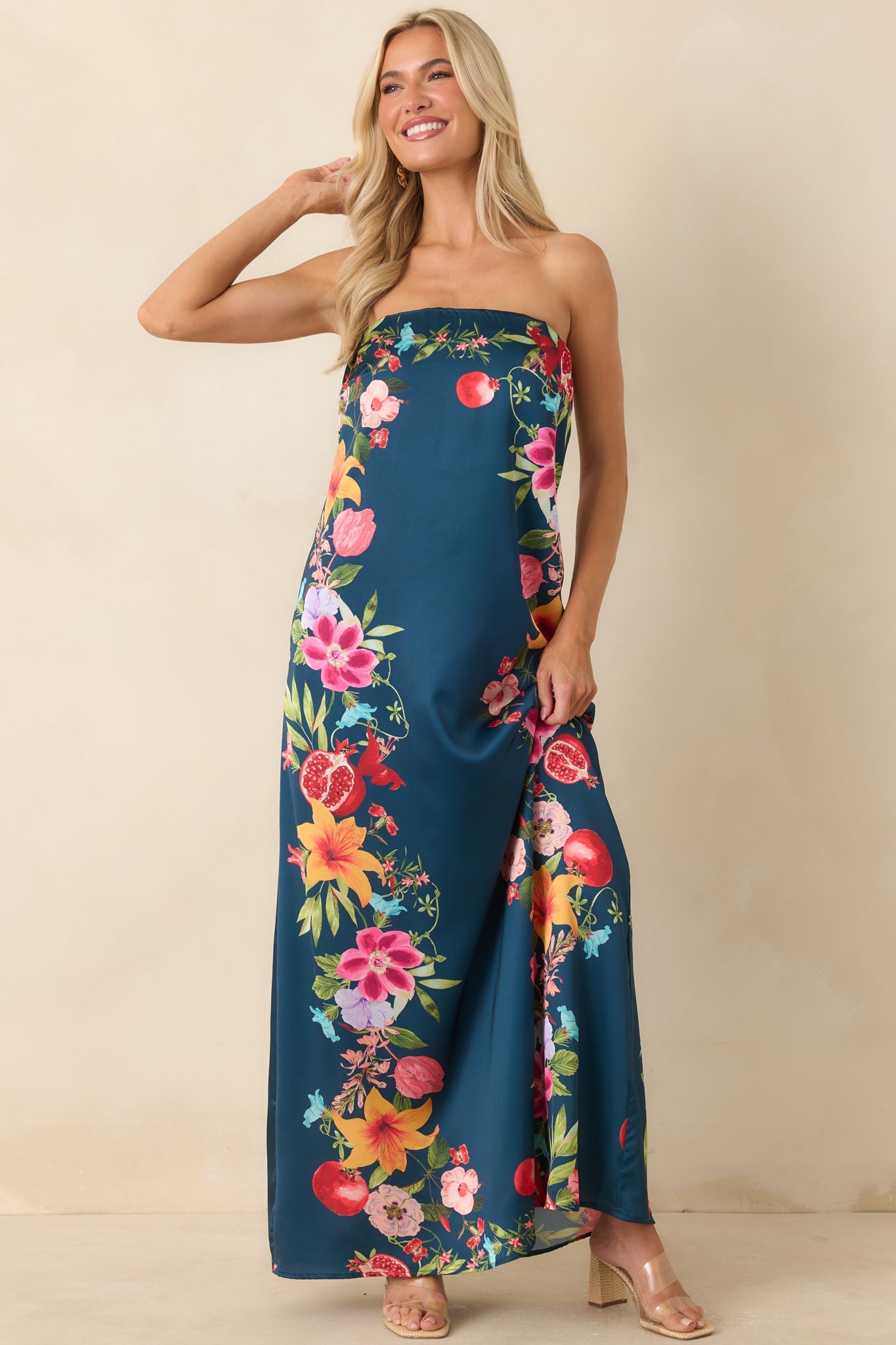Moonlit Tropics Navy Multi Floral Strapless Maxi Dress