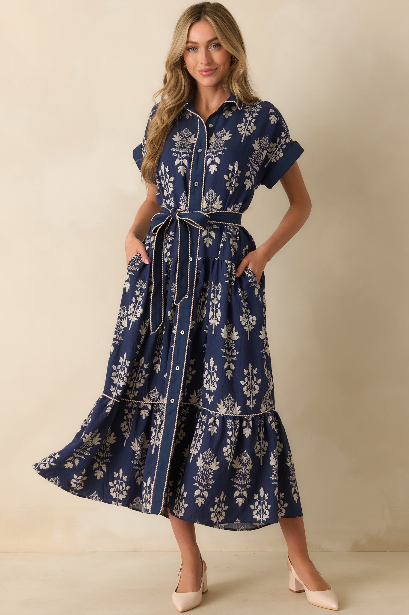 Keep Moving Forward Navy Multi Floral Print Belted Maxi Shirt Dress
