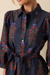 Midnight Bloom Navy Multi Floral Print Cotton Button Up Maxi Dress
