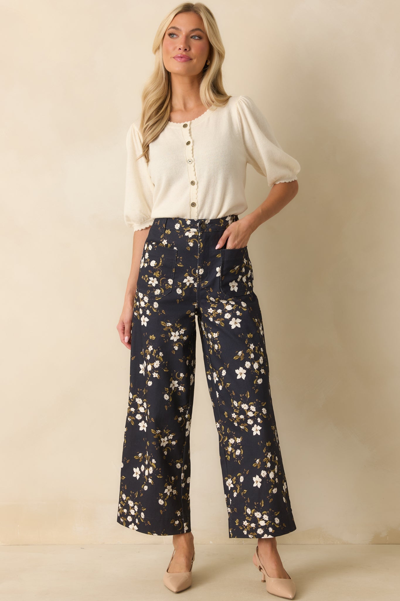 Made For These Moments Navy Floral Print Cotton Wide Leg Jeans