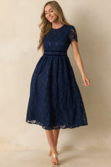 Never Look Back Navy Floral Lace Short Sleeve Velvet Trim Midi Dress