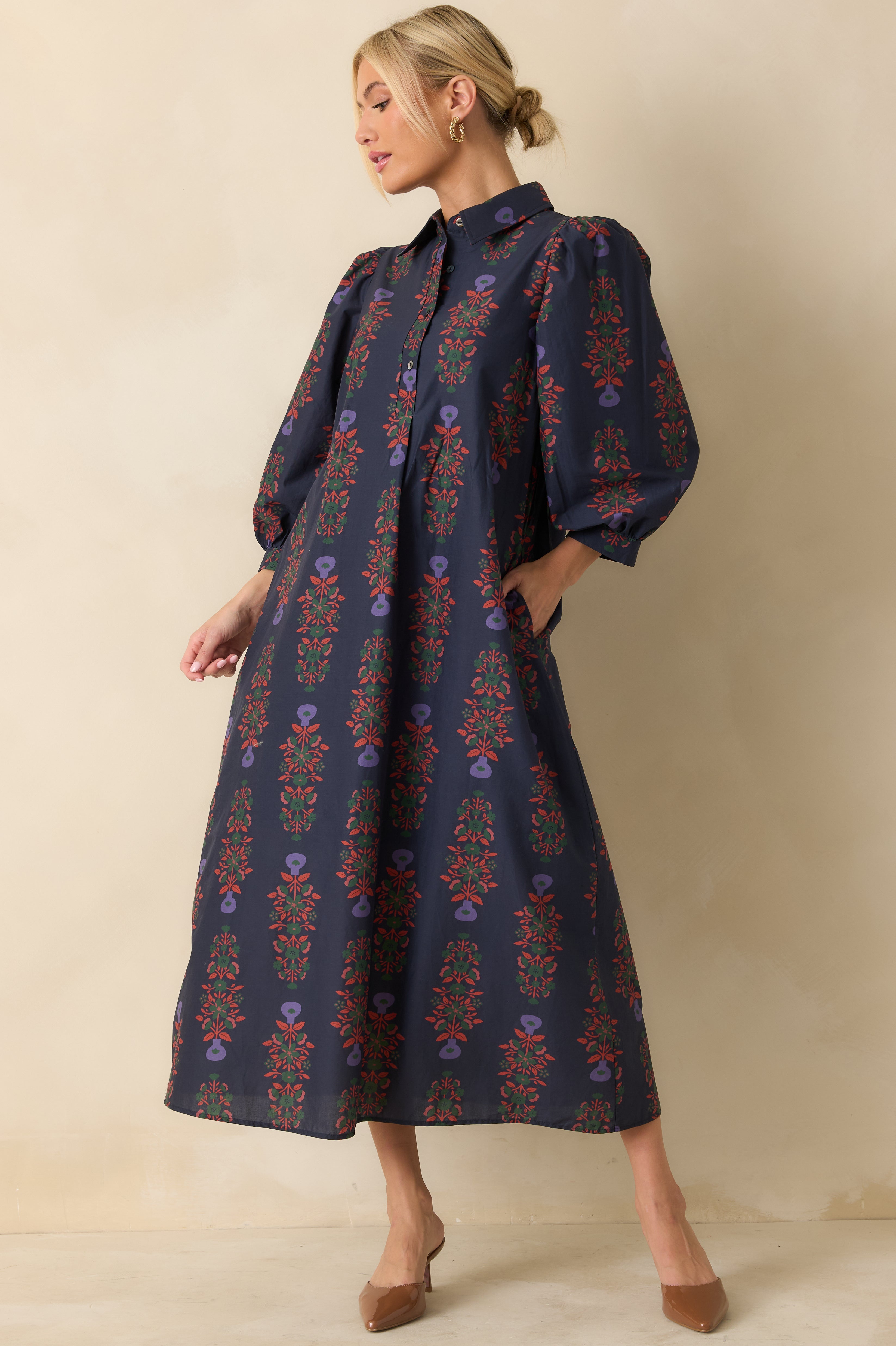 Midnight Bloom Navy Multi Floral Print Cotton Button Up Maxi Dress