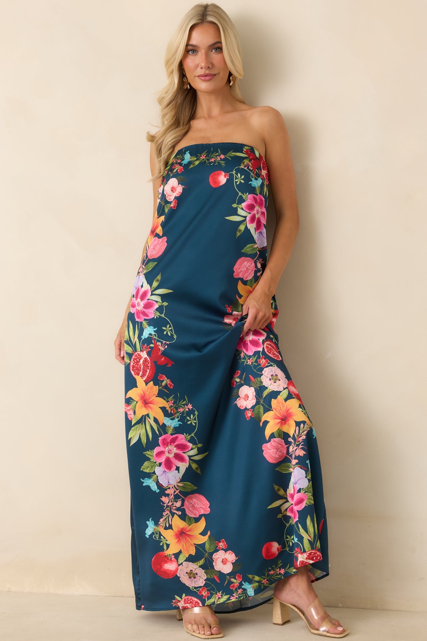 Moonlit Tropics Navy Multi Floral Strapless Maxi Dress