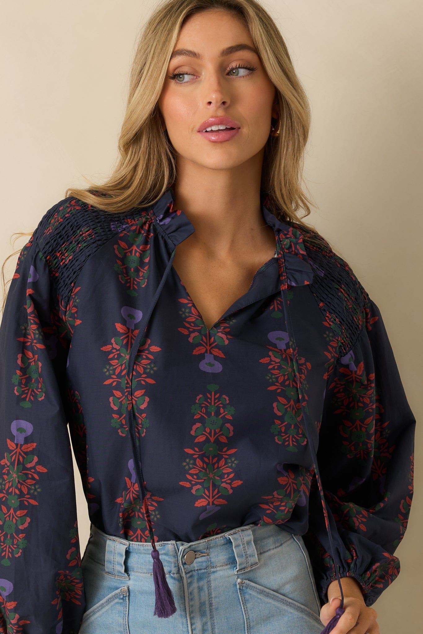 Starlit Garden Navy Multi Floral Print Cotton Peasant Top