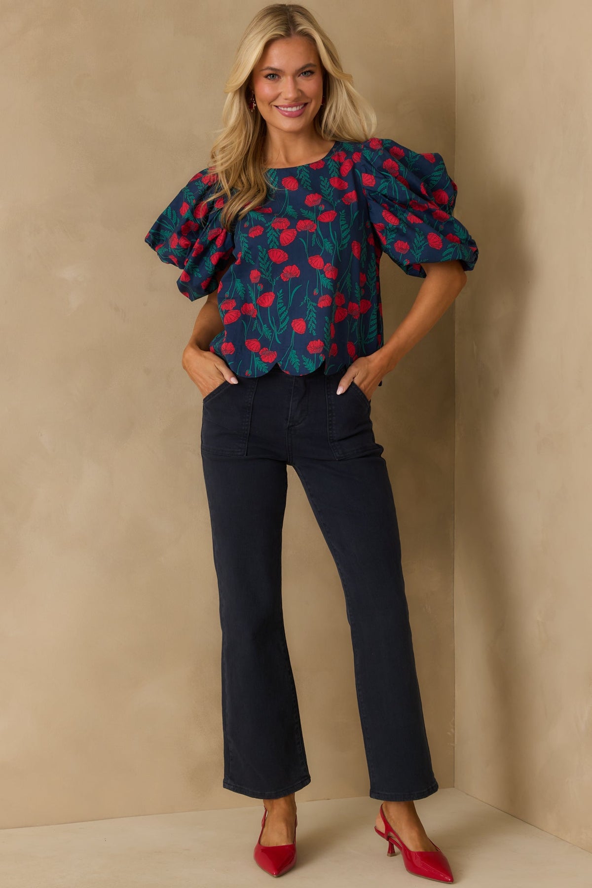 Let Her Be Herself Red Floral Print Cotton Puff Sleeve Top