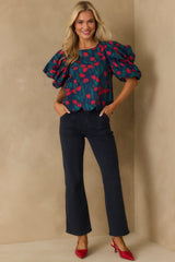 Let Her Be Herself Red Floral Print Cotton Puff Sleeve Top
