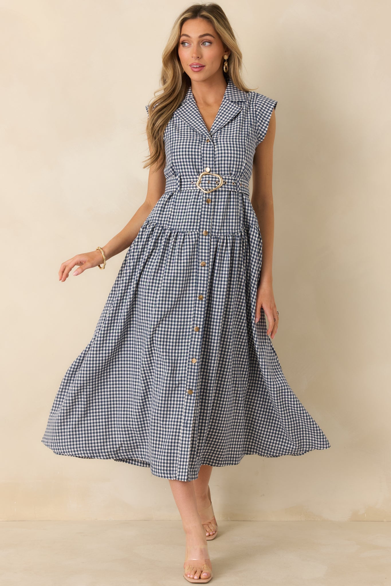 Checked and Considered Navy Gingham Belted Sleeveless Button Up Midi Dress