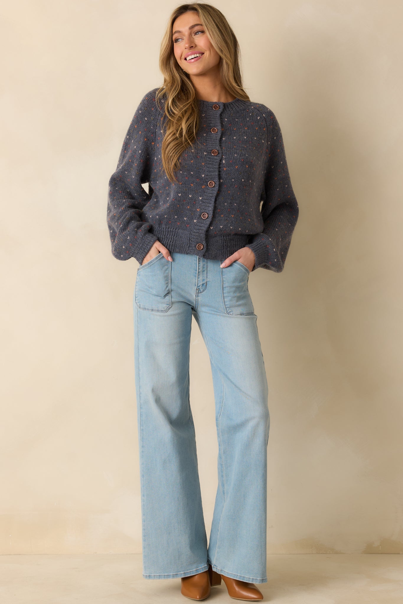 Sweet On You Navy Heather Knit Heart Button Up Cardigan Sweater