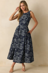 Here's The Thing Navy Floral Denim Jacquard Sleeveless Maxi Dress