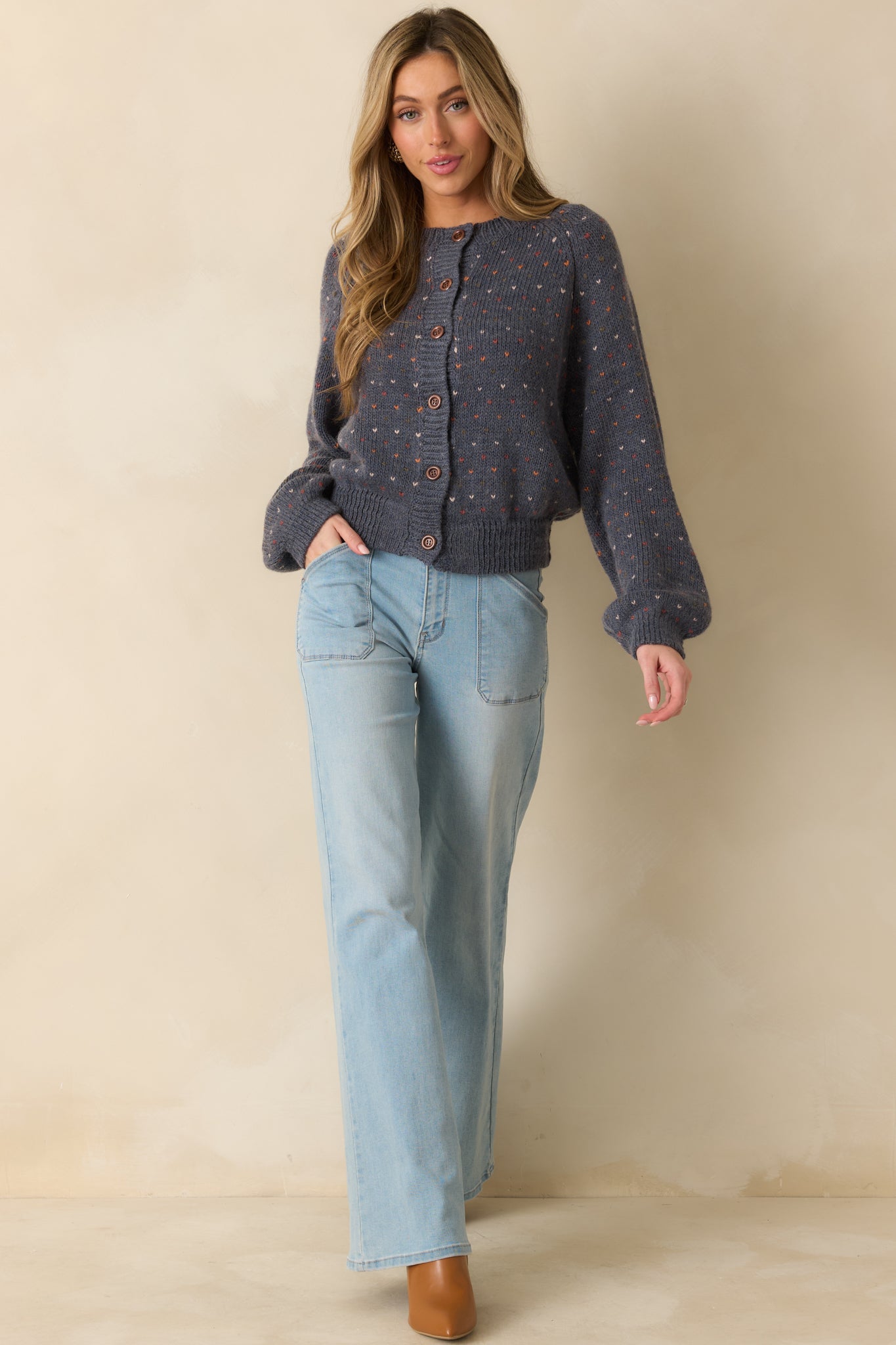 Sweet On You Navy Heather Knit Heart Button Up Cardigan Sweater