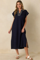 Let It Play Out Navy Knit Contrast Detail V-Neck Short Sleeve Midi Dress