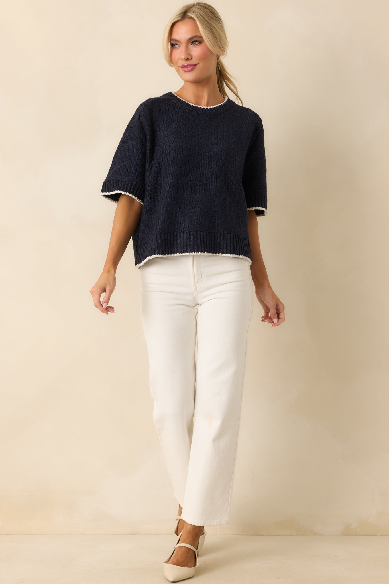 Never Looked Back Navy Contrast Trim Short Sleeve Sweater