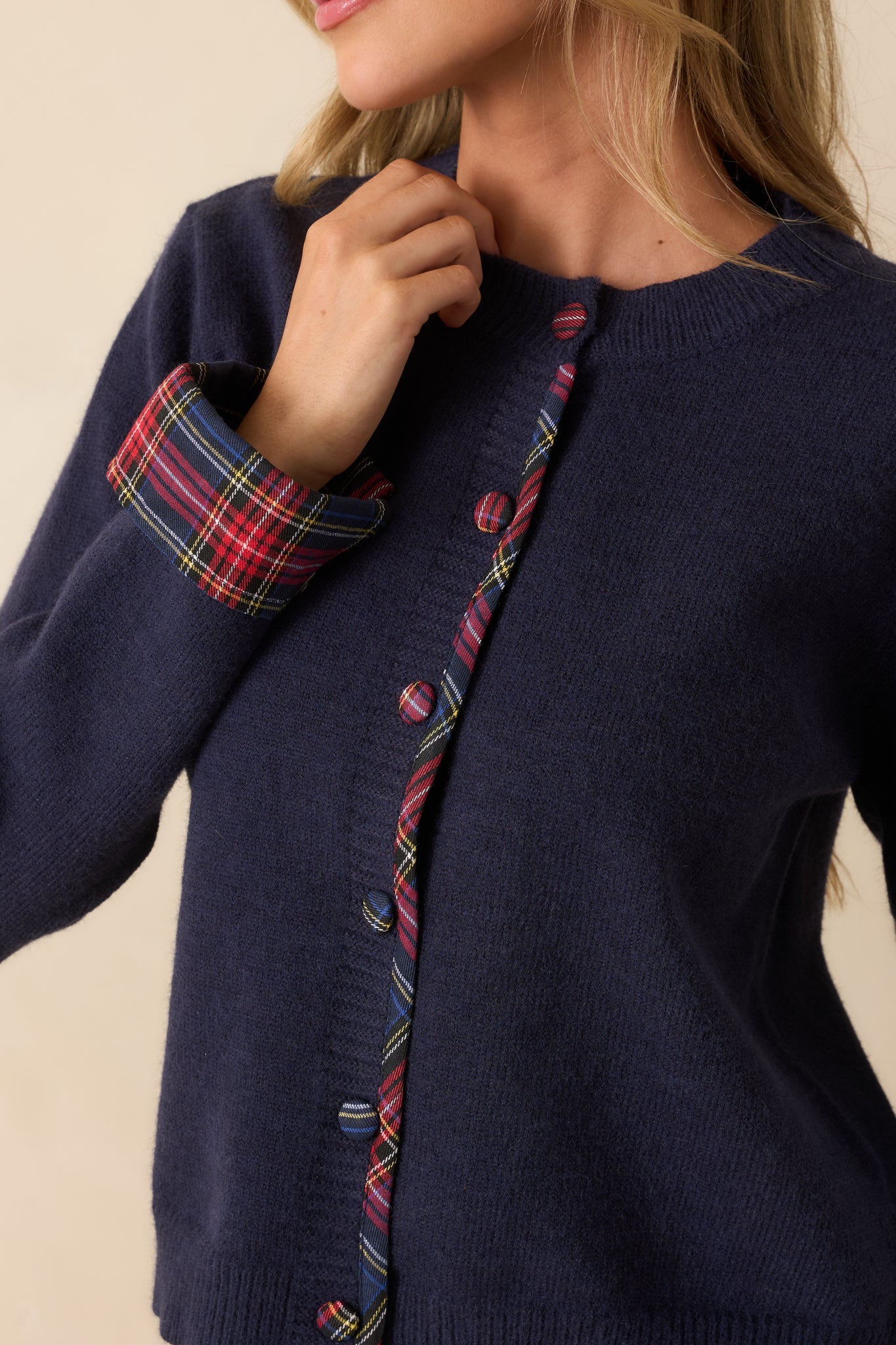About Time For Change Navy Knit Plaid Trim Button Front Cardigan