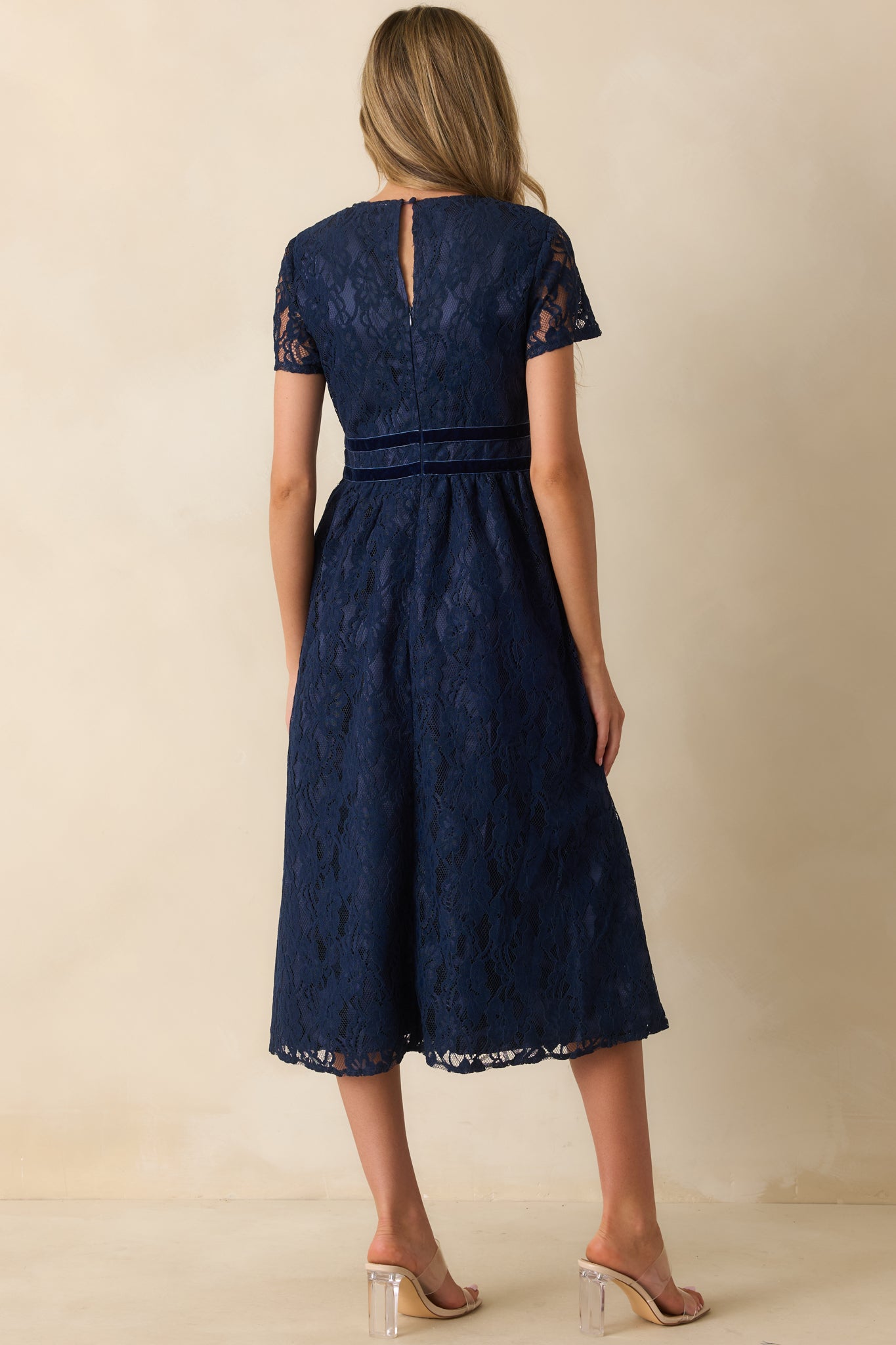 Never Look Back Navy Floral Lace Short Sleeve Velvet Trim Midi Dress