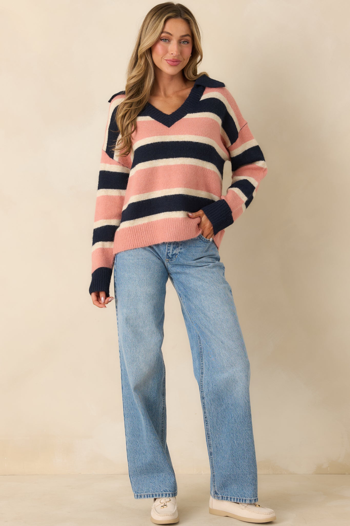 Well Played Navy & Mauve Brushed Knit Striped V-Neck Collared Sweater