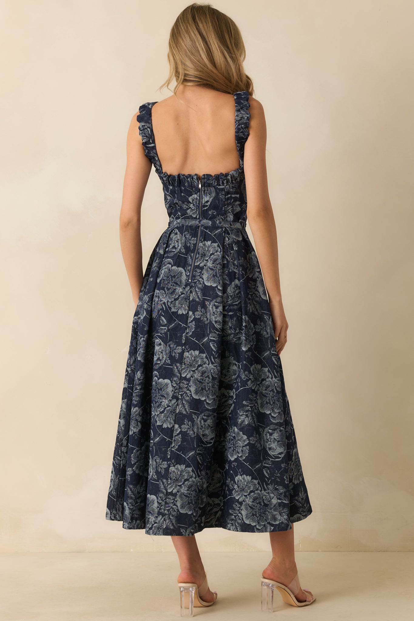Here's The Thing Navy Floral Denim Jacquard Sleeveless Maxi Dress