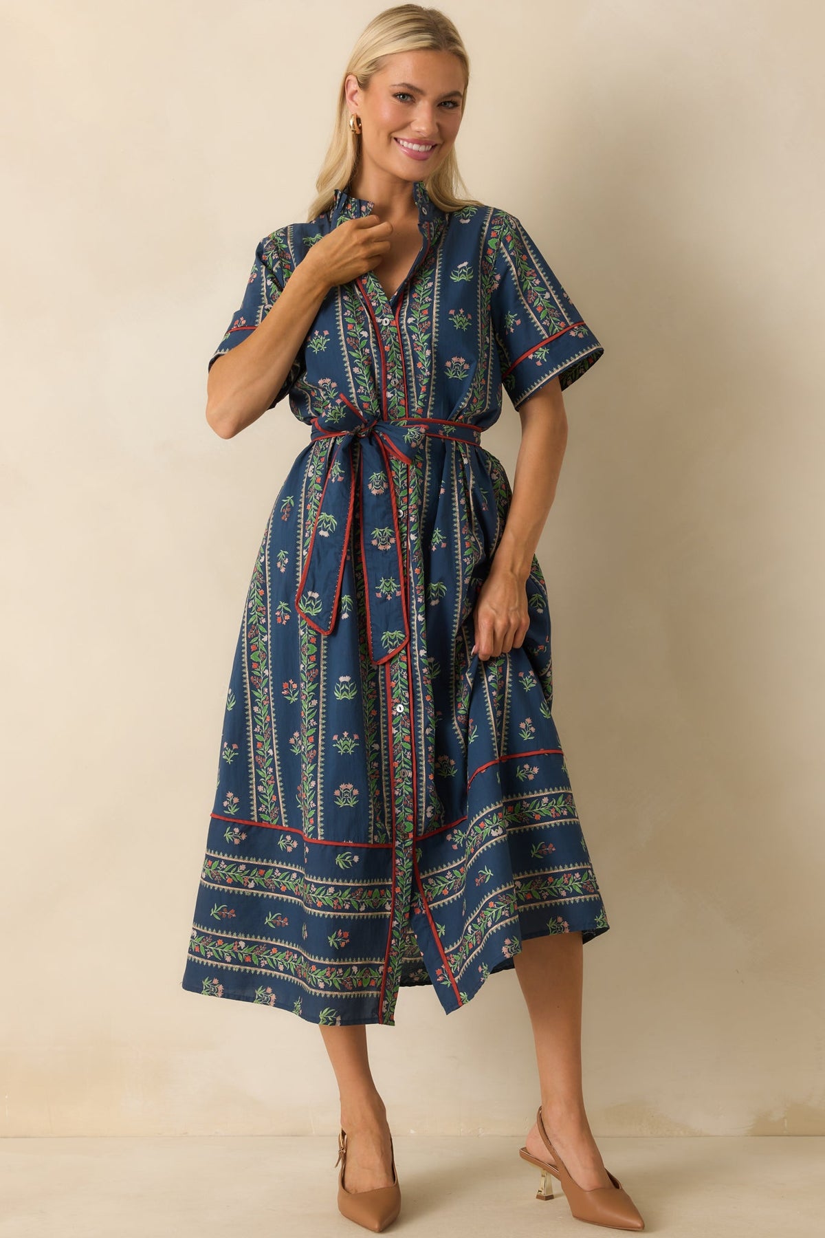 Petals In The Wind Navy Multi Floral Print Cotton Maxi Shirt Dress