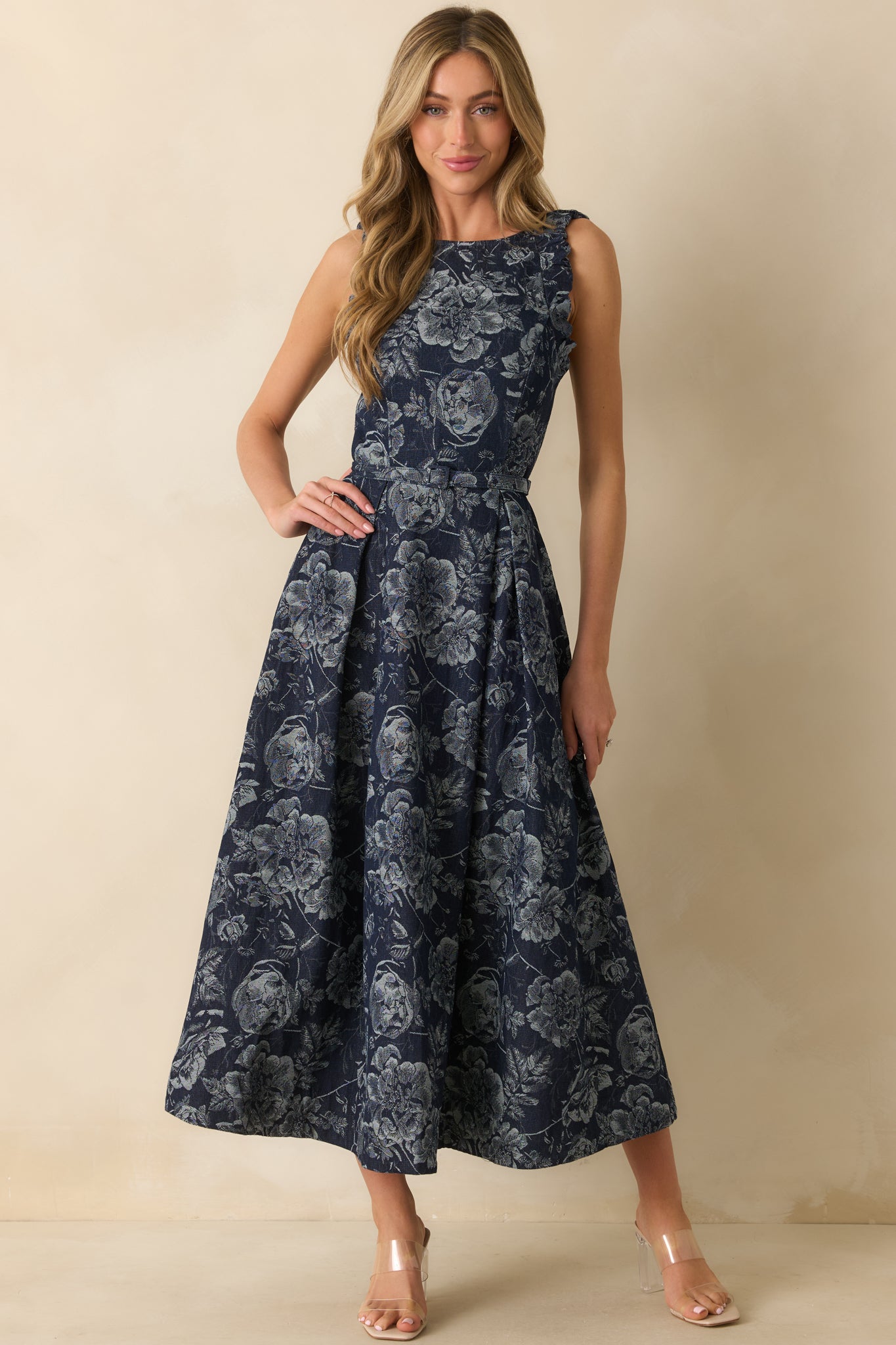 Here's The Thing Navy Floral Denim Jacquard Sleeveless Maxi Dress