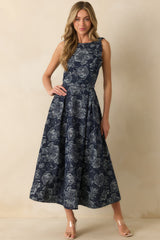 Here's The Thing Navy Floral Denim Jacquard Sleeveless Maxi Dress