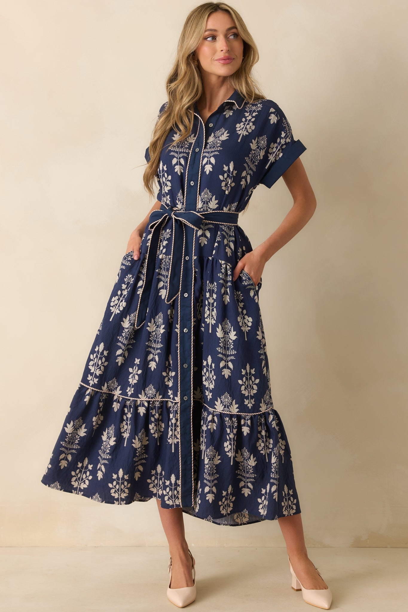 Keep Moving Forward Navy Multi Floral Print Belted Maxi Shirt Dress
