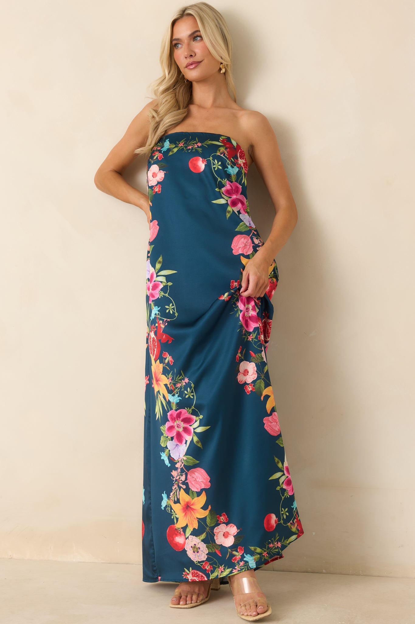 Moonlit Tropics Navy Multi Floral Strapless Maxi Dress