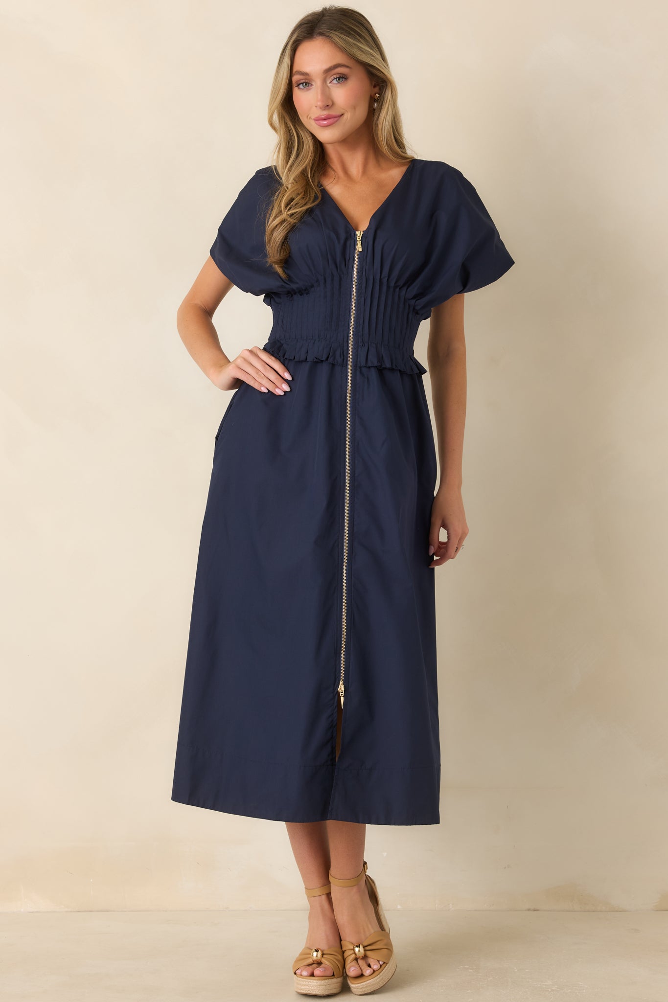 Let It Be Easy Navy Smocked Waist Zip Maxi Dress