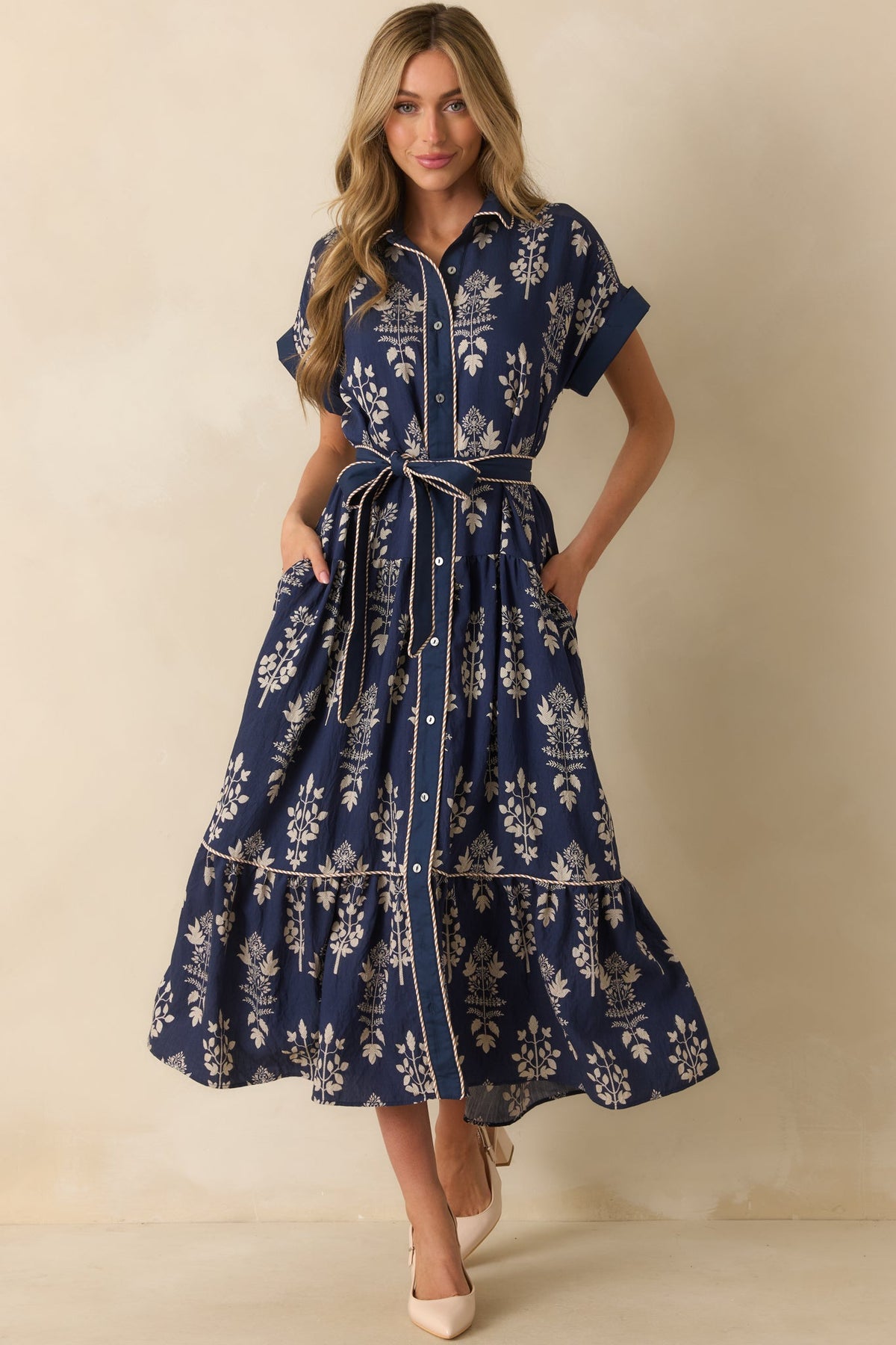 Keep Moving Forward Navy Multi Floral Print Belted Maxi Shirt Dress