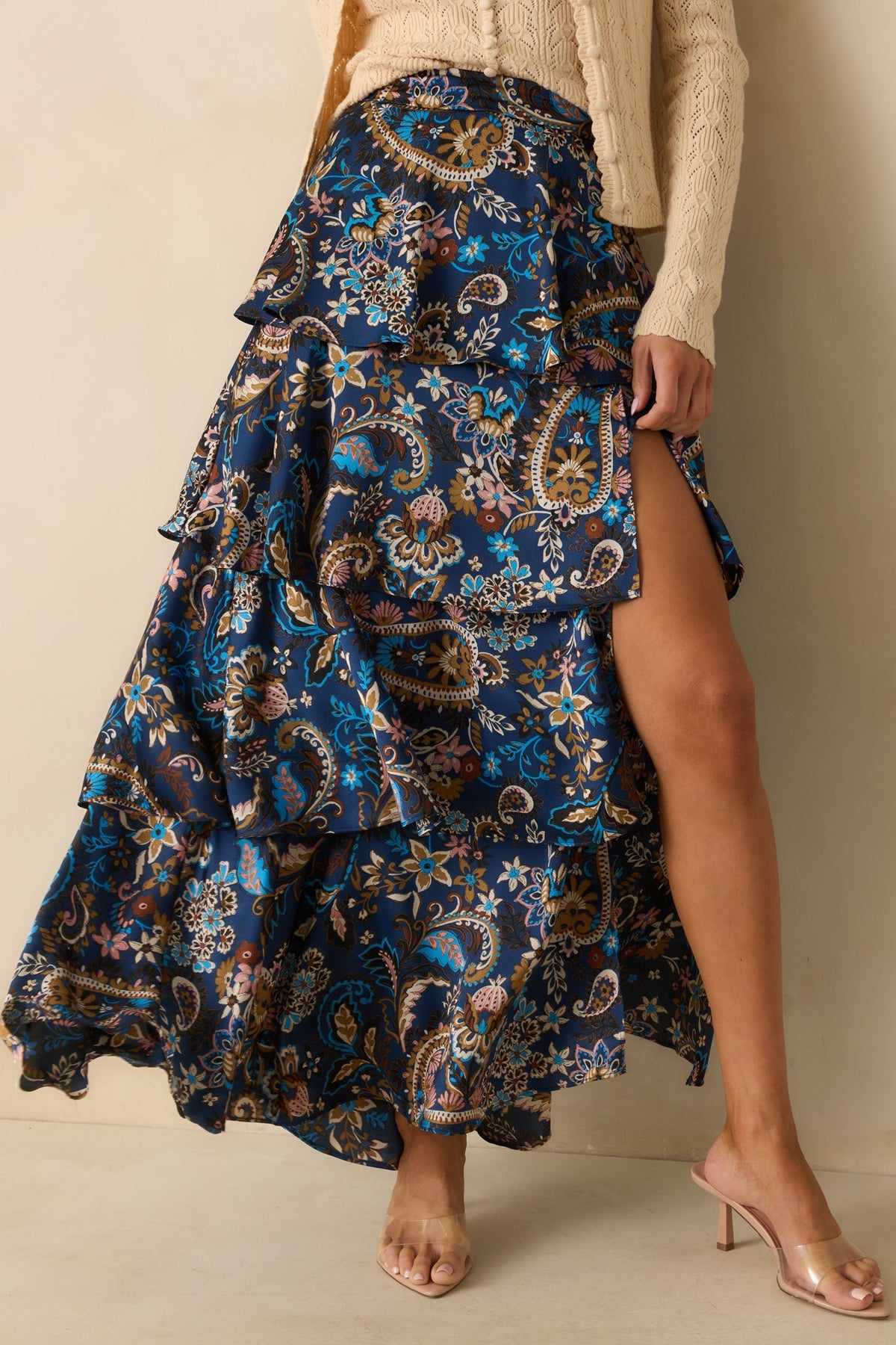 Meant To Stay Navy Multi Floral Print Tiered Satin Maxi Skirt